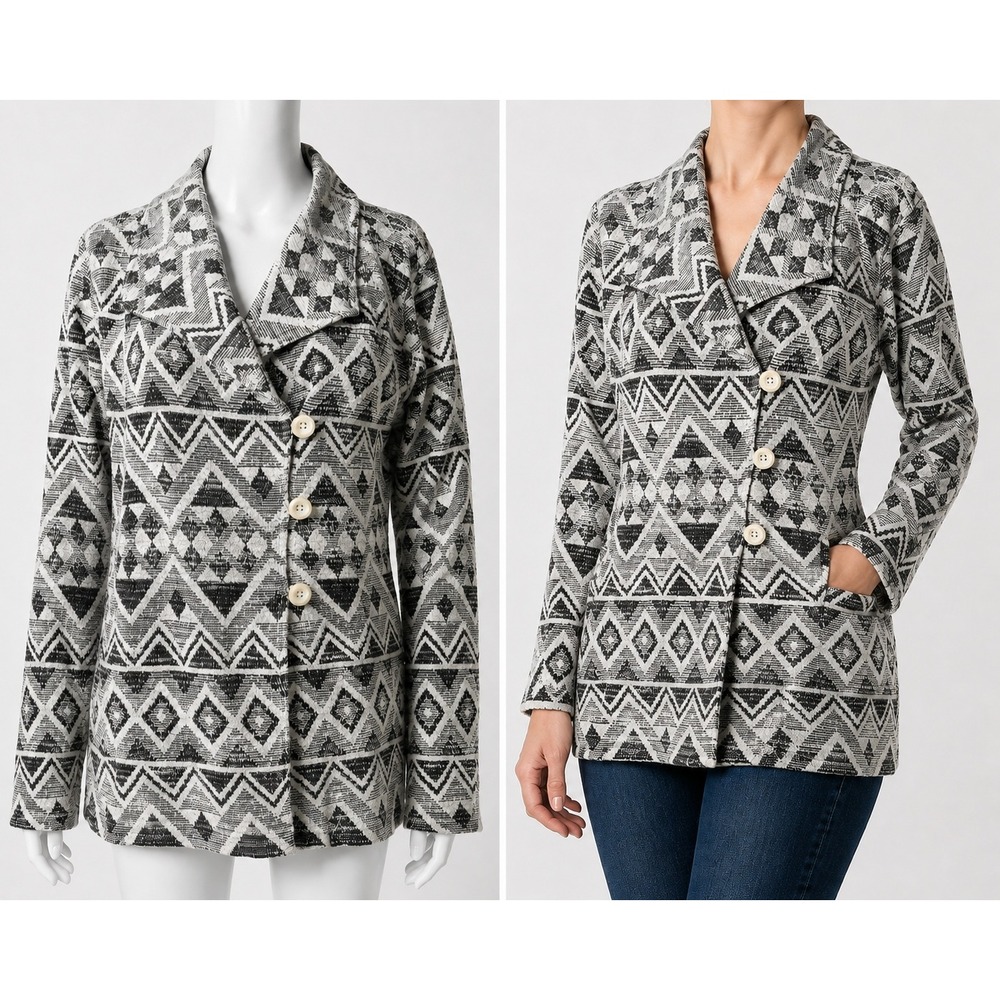 Lucky Brand Cardigan Womens L Black Ivory Geometric Shawl Collar‎ Cotton Blend